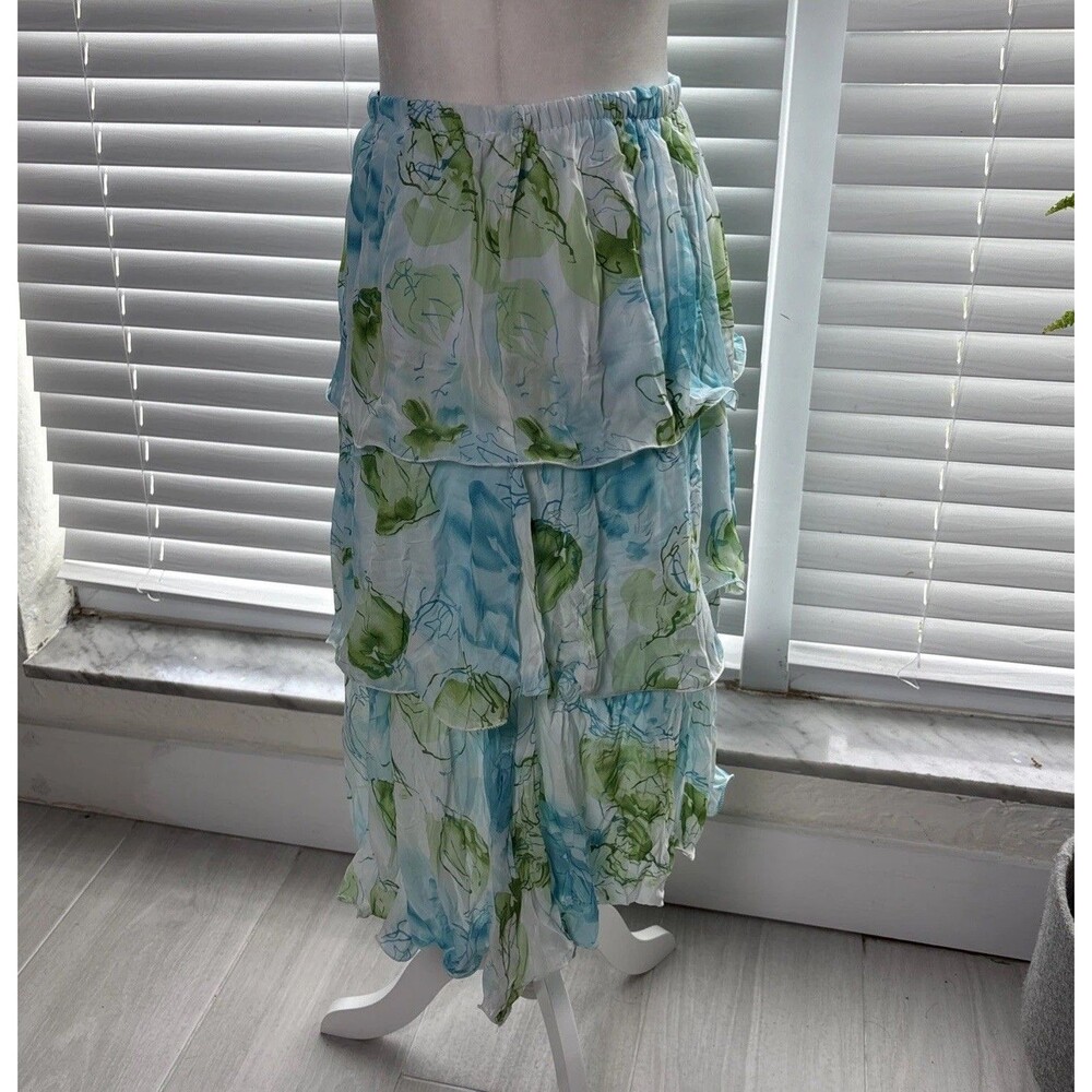 Floral Tiered Ruffle Midi Skirt Blue Green Romantic Cottagecore Size M - Picture 5 of 9